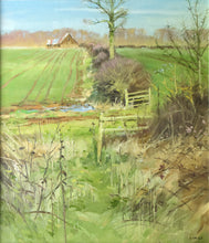 Load image into Gallery viewer, Portrait-shaped 17 x 15 inch oil painting of a typical March landscape, with a line of sunlit bare trees on the horizon, with a barn left of centre, a hedgerow stretching from down the centre in the distance down towards the foreground, with a farm track going across from left to right, with two open gates and foreground dead vegetation.
