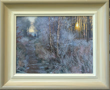 Load image into Gallery viewer, 7.5 x 10 inch oil painting of a jogger in Bedford Purlieus Wood, with a bright, morning sun just shining through the trees, all heavily coated with a hoar frost, showing hand-finished grey outer to beige and off-white inner frame
