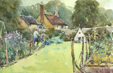 Small watercolour of the allotmentss aat Lyndon, with a figure mowing the grass track in the centre, with battened plots left and right, with cottage roofs above a stone wall in the middle distance.