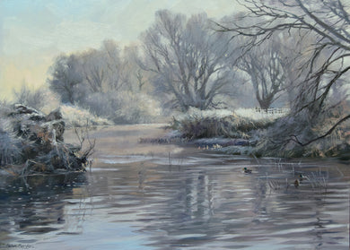 10 x 14 inch oil painting of a bend in the river nene, just below the weir near Water Newton, a silvery sharp frost on the trees and vegetation.