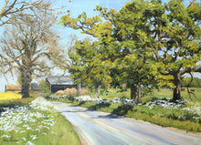 Load image into Gallery viewer, 10 x 14 inch painting of a lane leading to some barns, each verge adorned with Cow Parsley, and mature Oak trees in the far verge and a bare Ash tree on the left verge.
