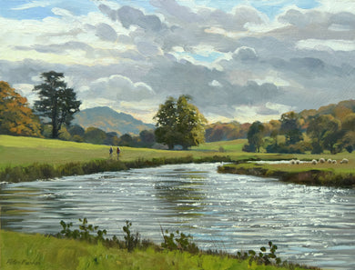 9 x 12 inch oil painting, done on site on the Chatsworth Estate, with Autumn trees in the distance above the ruffled surface of the river Derwent.