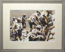 Load image into Gallery viewer, 15 x 21 inch watercolour depicting lots of English soldiers in the First World War, clambering up the wall of a trench with rifles at the ready. Shows ivory and white double mount with grey frame moulding.
