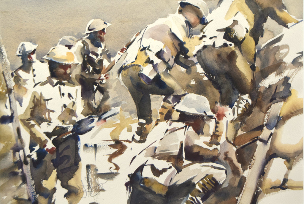 15 x 21 inch watercolour depicting lots of English soldiers in the First World War, clambering up the wall of a trench with rifles at the ready. 