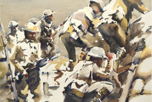 Load image into Gallery viewer, 15 x 21 inch watercolour depicting lots of English soldiers in the First World War, clambering up the wall of a trench with rifles at the ready. 
