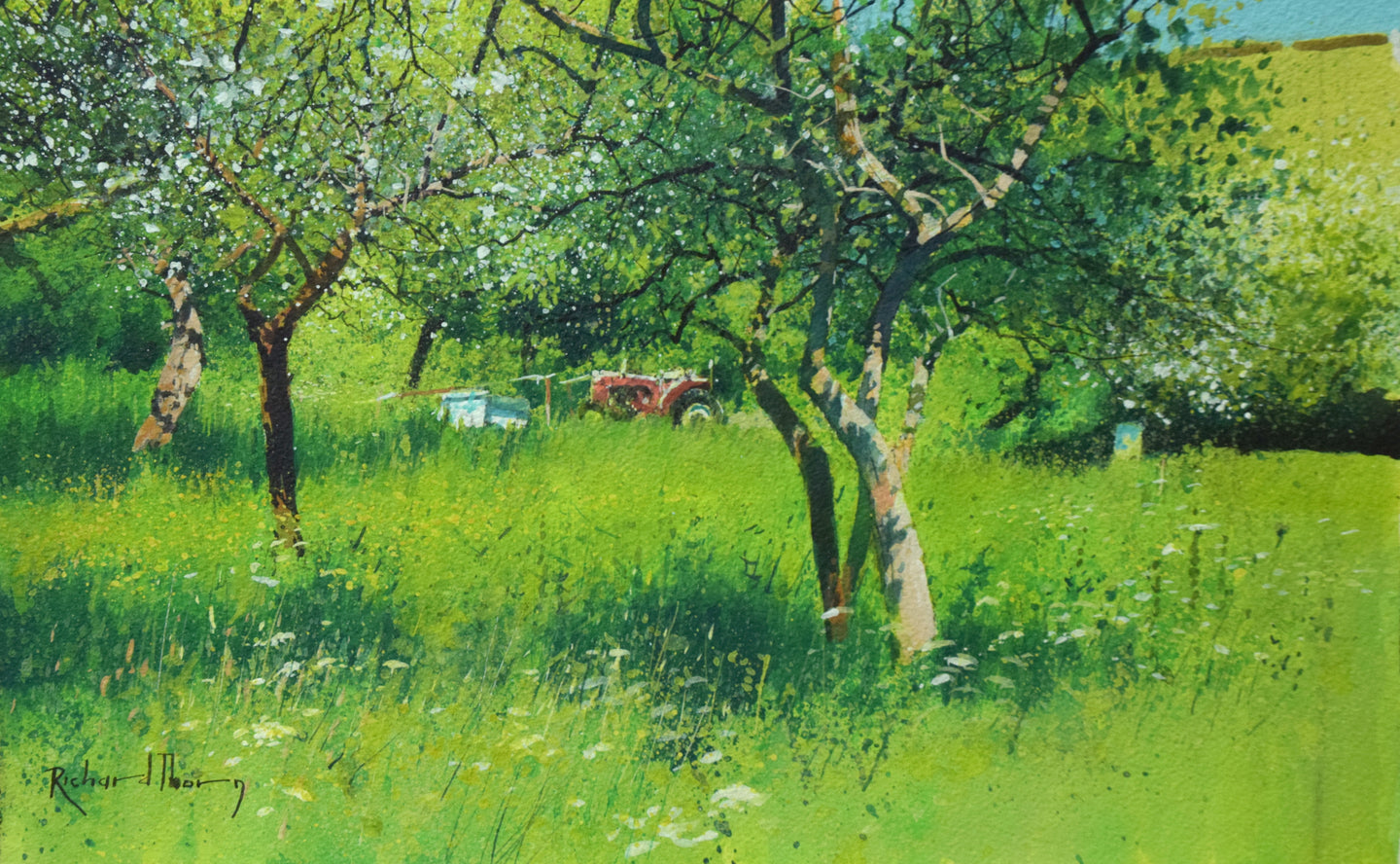 Vibrant green painting with several fruit trees in blossom, with some bee hives and a red tractor in the centre.