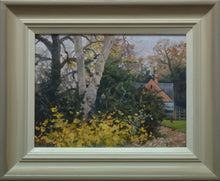 Load image into Gallery viewer, 9 x 12 inch oil painting depicting lowering light, with a brick cottage in the right background, with a light-coloured tree left of centre, a bank of dark bushy shrubs and ivy and bright yellow foliage in the foreground, and a Pheasant on the grass right mid-ground. Shows the frame with an off-white inside edge, gradating through beiges to a grey outer edge.
