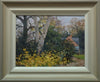 9 x 12 inch oil painting depicting lowering light, with a brick cottage in the right background, with a light-coloured tree left of centre, a bank of dark bushy shrubs and ivy and bright yellow foliage in the foreground, and a Pheasant on the grass right mid-ground. Shows the frame with an off-white inside edge, gradating through beiges to a grey outer edge.