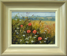 Load image into Gallery viewer, Thickly painted small 6 x 8 inch oil of poppies and mayweed in the foreground on the edge of a cornfield, with hazy, distant fields. Shows frame with greyish outer colour, gradating to off-white inner edge.
