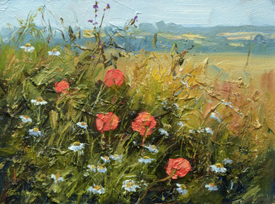 Thickly painted small 6 x 8 inch oil of poppies and mayweed in the foreground on the edge of a cornfield, with hazy, distant fields