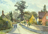 Medium sized watercolour of Post Office Lane in Lyndon, witha large oak tree dominating in the centre of the picture, with various cottages left and right, a curling stone wall dilineating the lane, with two figures walking towards us.