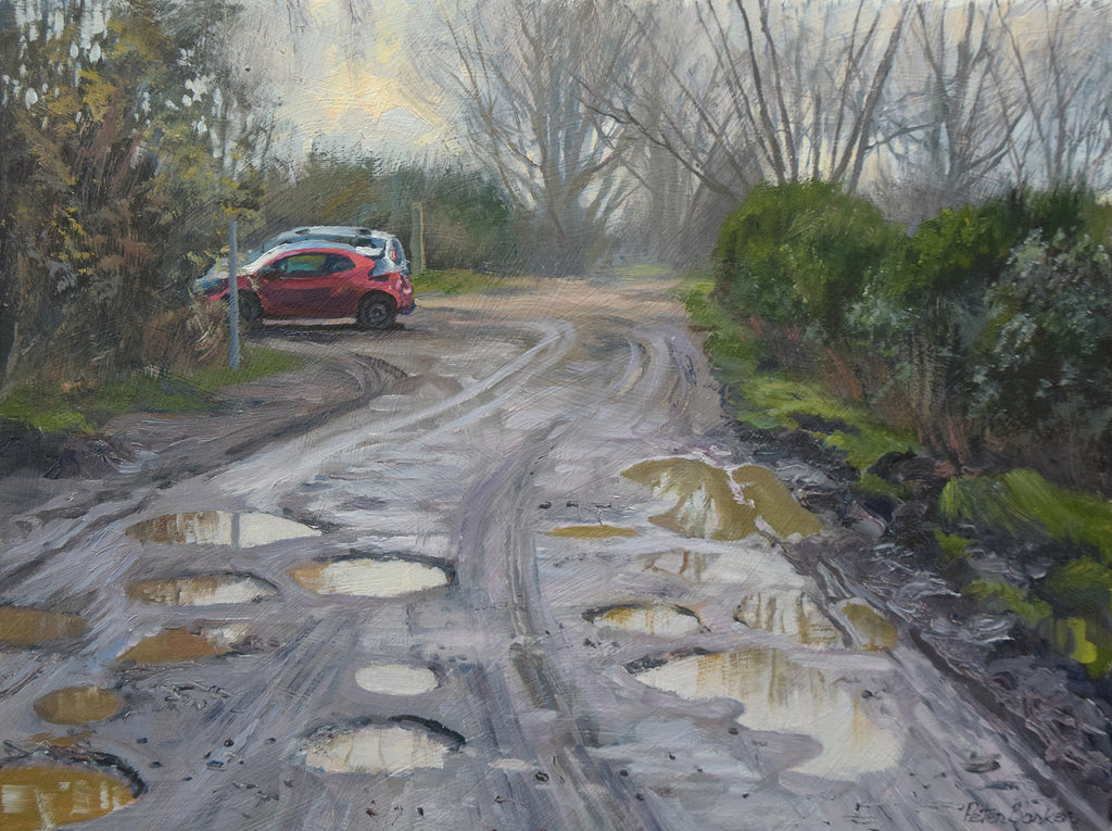 Potholes on Station Road, Ailsworth, by Peter Barker RSMA - P E T E R     B A R K E R     F I N E     A R T 