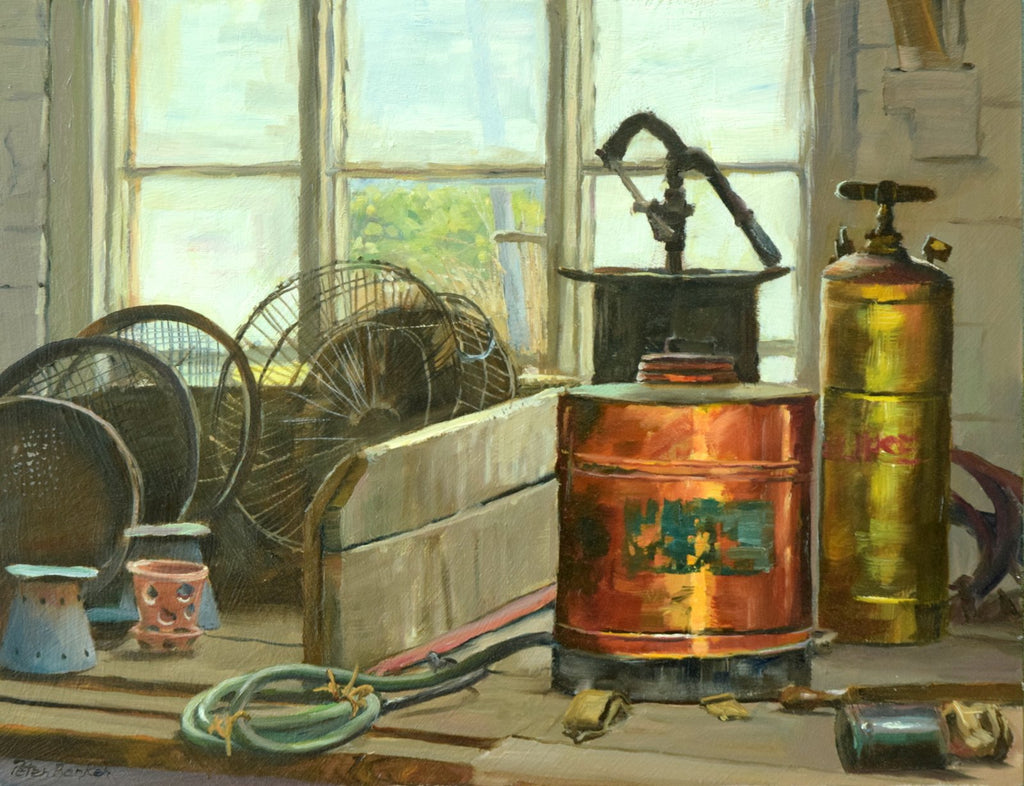 9x 12 inch oil painting of bits and pieces on a potting shed bench at Clumber Park, with a big copper barrel and a brass thingy, with an old window behind, looking out on to the garden behind.