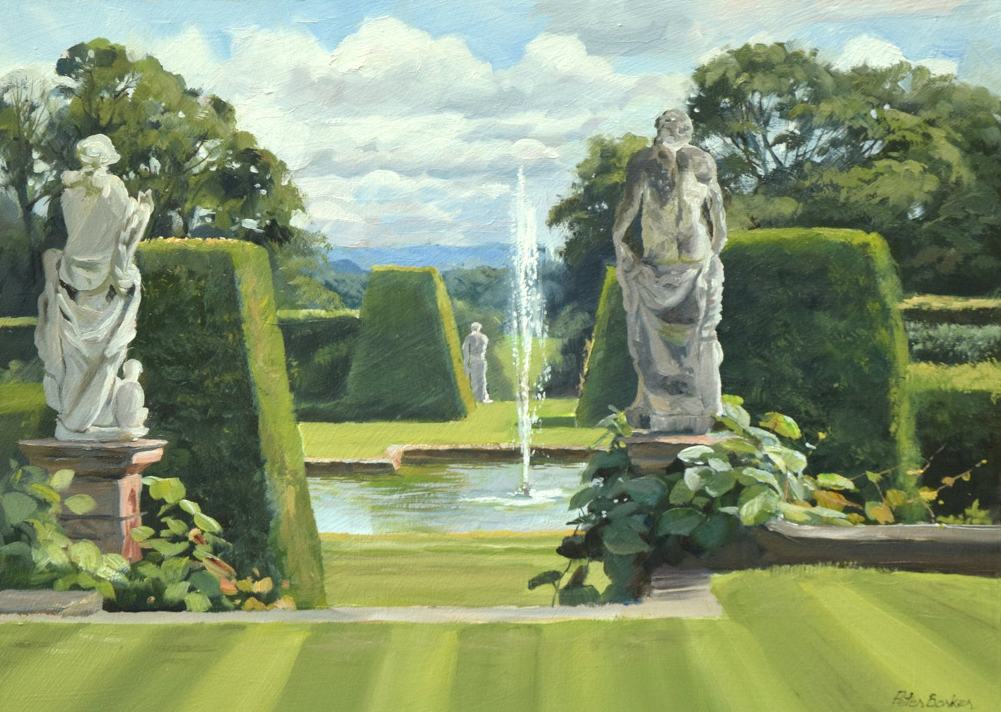10 x 14 inch oil, painted on site at Renishaw Hall Garden, with stone statues on stone plinths facing away from the viewer, down towards open countryside beyond