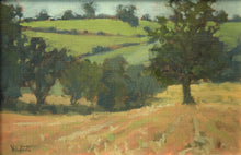 Load image into Gallery viewer, 8 x 12 inch oil painting of a golden stubble field with a row of trees taking the eye down a hill and a large Oak tree in the right middle distance, more trees in the far distance.
