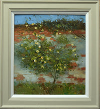 Load image into Gallery viewer, Portrait of a yellow-flowered rose bush scrambling over a partly rendered brick wall, with a bright blue sky above it at the top of the picture plane. Shows the plain, pale grey frame with white inner slip.
