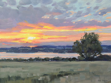 9 x 12 inch oil painting of the setting sun over Rutland Water, painted in a loose, impressionistic style.