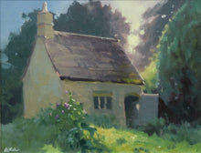Load image into Gallery viewer, 9.5 inch oil painting of the workman&#39;s cottage next to the ruin in Lyndon, with bright sunshine glinting through the trees behind the cottage on the right, with the open door and roof edges sunlit.
