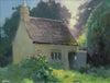 9.5 inch oil painting of the workman's cottage next to the ruin in Lyndon, with bright sunshine glinting through the trees behind the cottage on the right, with the open door and roof edges sunlit.