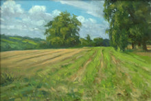 Load image into Gallery viewer, 10.5 x 17 inch oil painting of the field at the edge of the village, looking towards Wing, with large trees on the right, and a single Oak tree just left of centre, with the ruts of the stubble field taking the eye into the picture.
