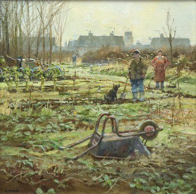 15 x 15 inch oil of a couple on their allotment on a frosty day, upturned wheelbarrow in the foreground, grey rooftops in the distance, the man looking at his dog and saying 