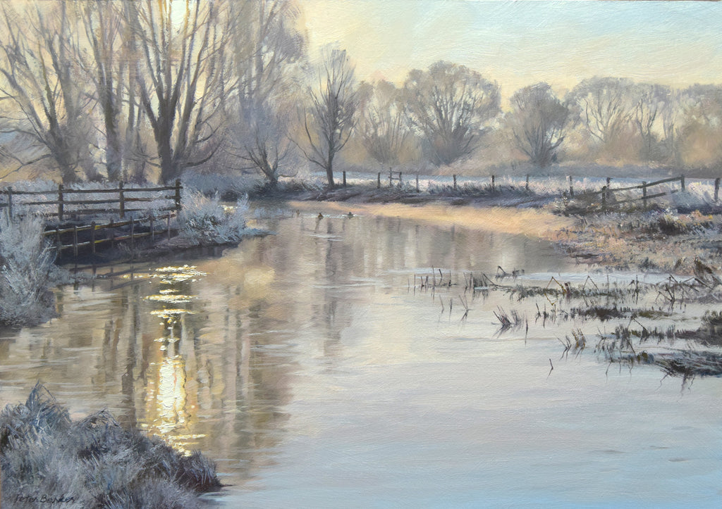 12 x 17 inch oil painting of the river Nene between Castor and Water Newton. A sharp Hoar Frost on all the trees and vegetation, with the low sun reflected in the water.