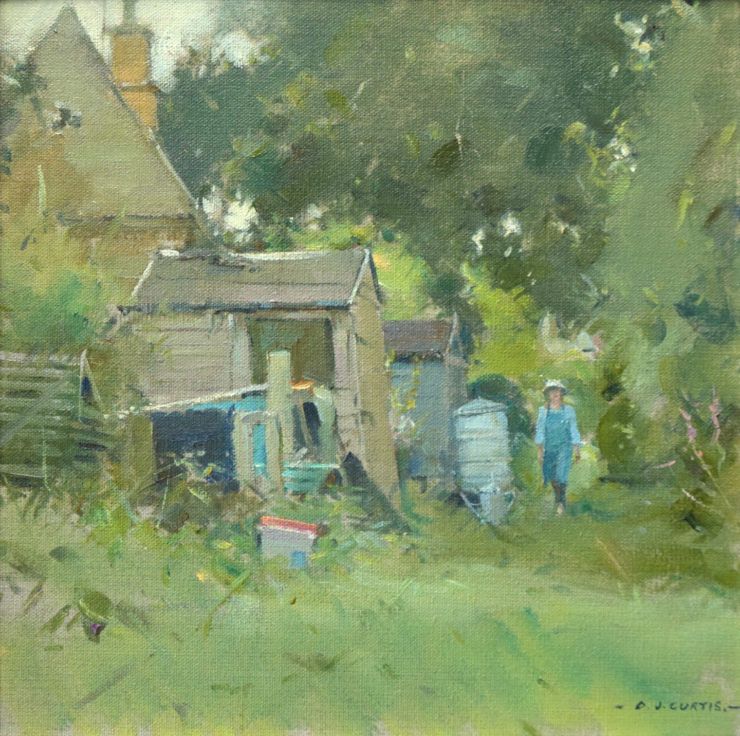 12 x 12 inch oil painting, with various leaning sheds at the back of an old workman's cottage, with a figure walking towards us on a grassy path between the sheds and some trees.