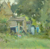 12 x 12 inch oil painting, with various leaning sheds at the back of an old workman's cottage, with a figure walking towards us on a grassy path between the sheds and some trees.