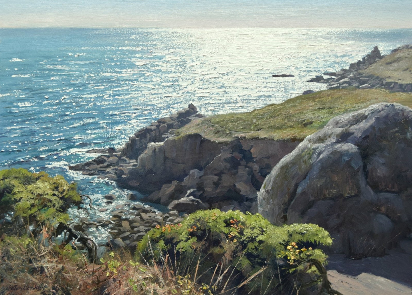 10 x 14 oil painting of a sparkling sea , looking into the sunlight, with rocks and a headland on the right and Gorse bushes in the foreground