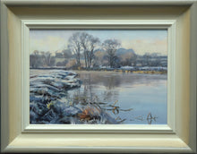 Load image into Gallery viewer, 7 x 10 inch oil painting of a sharp frost by the River Nene near Water Newton, with large trees on the far bank, reflected in the river, painted inn a loose, impressionistic style, showing hand-finished grey outer to beige and off-white inner frame
