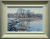 7 x 10 inch oil painting of a sharp frost by the River Nene near Water Newton, with large trees on the far bank, reflected in the river, painted inn a loose, impressionistic style, showing hand-finished grey outer to beige and off-white inner frame