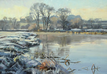 Load image into Gallery viewer, 7 x 10 inch oil painting of a sharp frost by the River Nene near Water Newton, with large trees on the far bank, reflected in the river, painted inn a loose, impressionistic style.
