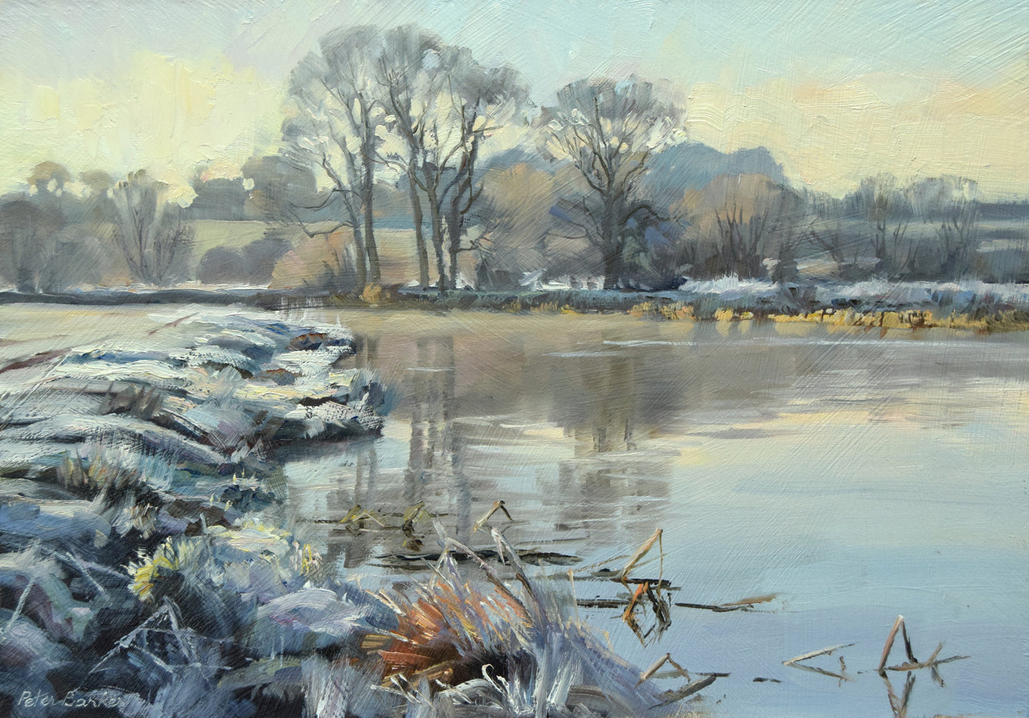 7 x 10 inch oil painting of a sharp frost by the River Nene near Water Newton, with large trees on the far bank, reflected in the river, painted inn a loose, impressionistic style.