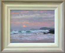 Load image into Gallery viewer, 9 x 12 inch oil of the orange sun about to disappear below the horizon, with rolling waves spilling on to the beach, with a couple of headlands on the right. Also shows painting in its pale frame with off-white inner slip gradating to beige/grey outer moulding
