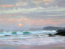 Load image into Gallery viewer, 9 x 12 inch oil of the orange sun about to disappear below the horizon, with rolling waves spilling on to the beach, with a couple of headlands on the right.
