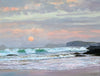 9 x 12 inch oil of the orange sun about to disappear below the horizon, with rolling waves spilling on to the beach, with a couple of headlands on the right.