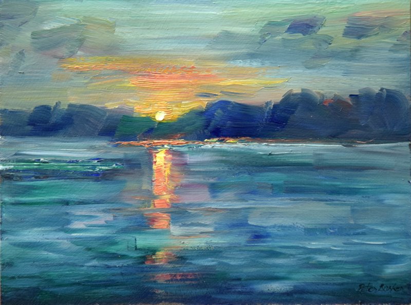 6 x 8 inch oil painting of the sun going down over a lake, painted in a very loose, impressionistic style.
