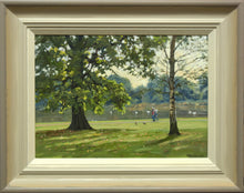 Load image into Gallery viewer, 10 x 14 oil painting of an Oak tree in the left of the [picture, a Silver Birch on the right, looking into the sun, with swans and geese on a lake in the middle distance and a couple walking right of centre. Shows the pale coloured frame with off-white inner slip and gradated beige to grey outer frame.
