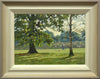 10 x 14 oil painting of an Oak tree in the left of the [picture, a Silver Birch on the right, looking into the sun, with swans and geese on a lake in the middle distance and a couple walking right of centre. Shows the pale coloured frame with off-white inner slip and gradated beige to grey outer frame.