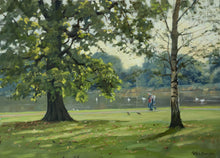 Load image into Gallery viewer, 10 x 14 oil painting of an Oak tree in the left of the [picture, a Silver Birch on the right, looking into the sun, with swans and geese on a lake in the middle distance and a couple walking right of centre.
