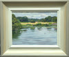 6 x 8 inch oil painting of Swans on the lake at Clumber Park, painted en plein air, showing hand-finished grey outer to beige and off-white inner frame