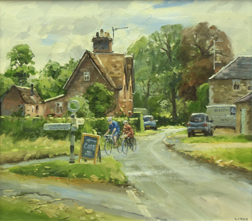 15 x 17 inch oil painting of Lyndon village, looking towards the road to Wing with brick cottages on the left, stone house on the right, with some parked cars, and a couple on bikes turning into the road to North Luffenham where Picks Barn Cafe is.