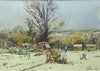 9.75 x 13.75 inch watercolour of sheds and other paraphernalia on an allotment, with snow on the ground and three large trees centre and left in and beyond the hedgerow across the middle of the picture plane. 