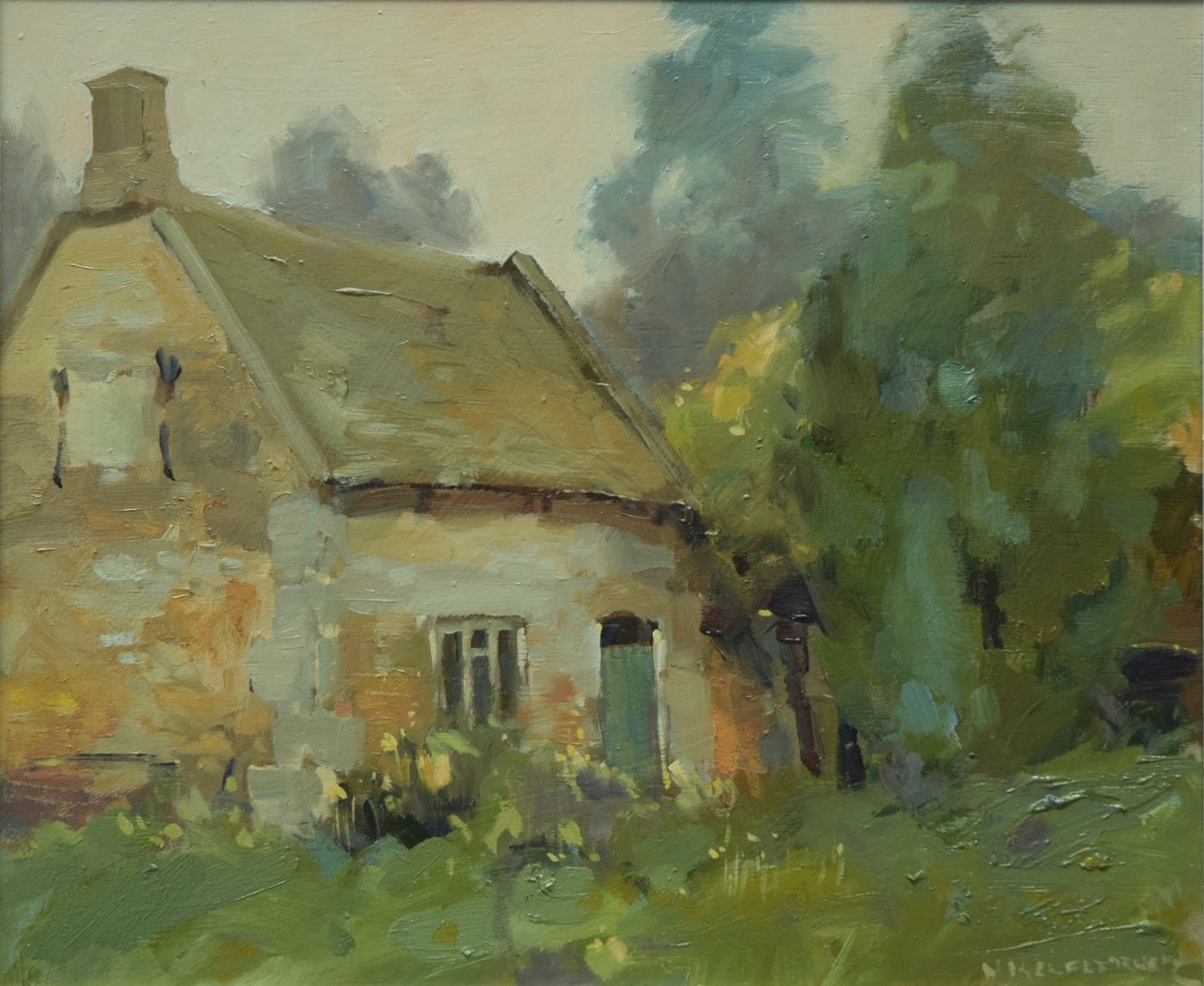 Oil painting of the old Bothy at Lyndon, painted in dull light, with beautifully subdued colours and tones, making the very best of the weather. The ancient stone of the cottage is painted in warm tones and the surrounding trees on the right and behind painted in receding tones of green and blue.