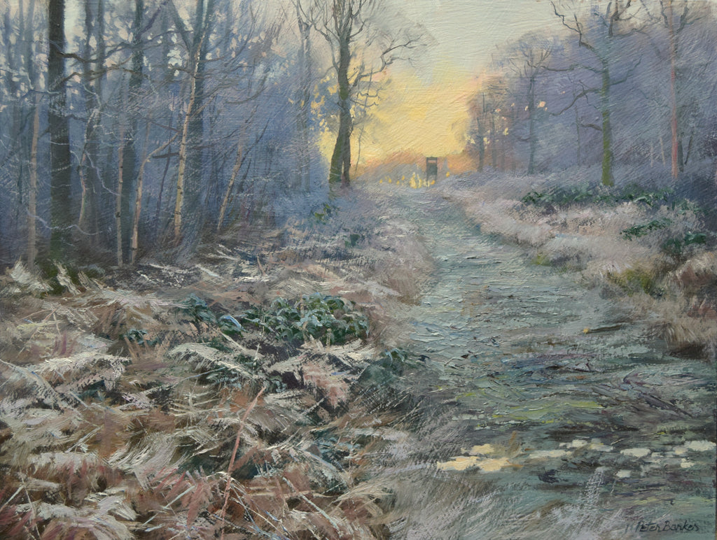 7.5 x 10 inch oil painting of a deer hide at the top of a frosty ride through the wood, with an orangey sky.