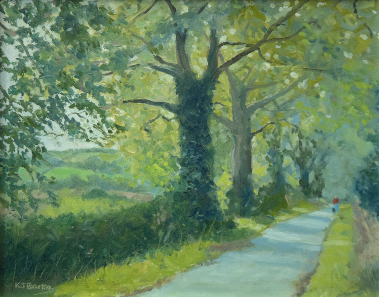 8 x 10 inch oil painting of the downhill road out of Lyndon towards Wing, through an avenue of Oak trees.