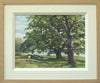 A 9 x 12 inch oil painting of a big, vigorous Oak tree next to an old, dead Oak, close to the shores of Rutland Water at Barnsdale, with a few sheep resting in the shade. Also shows cream inner frame moulding with plain Oak outer frame.