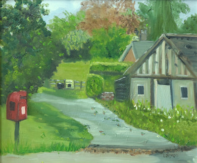 10 x 12 inch oil painting of the door end of the village hall, with a track to some houses and a red post box on the verge in the left foreground.