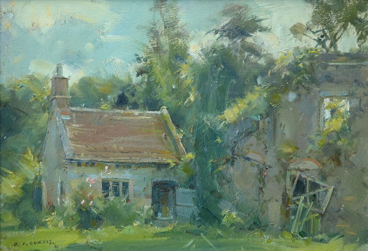 8 x 11.5 oil painting with a bothy left of centre, and part of the old rectory ruin to the right, 'moved' to combine both buildings in the painting.