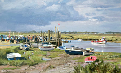 10 x 17 inch oil painting of a stormy sky at Morston in Norfolk, with several sunlit boats in the foreground, and a crowd ready to board a boat taking folks out to see the Seals.